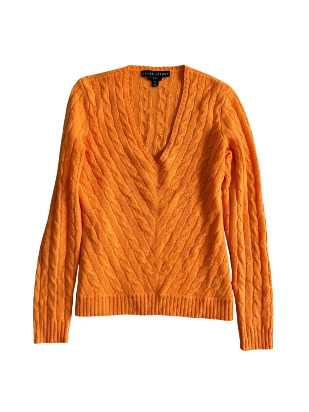Ralph Lauren Womens Sz M Slim Fit V-Neck Orange Cable Knit Cashmere Sweater